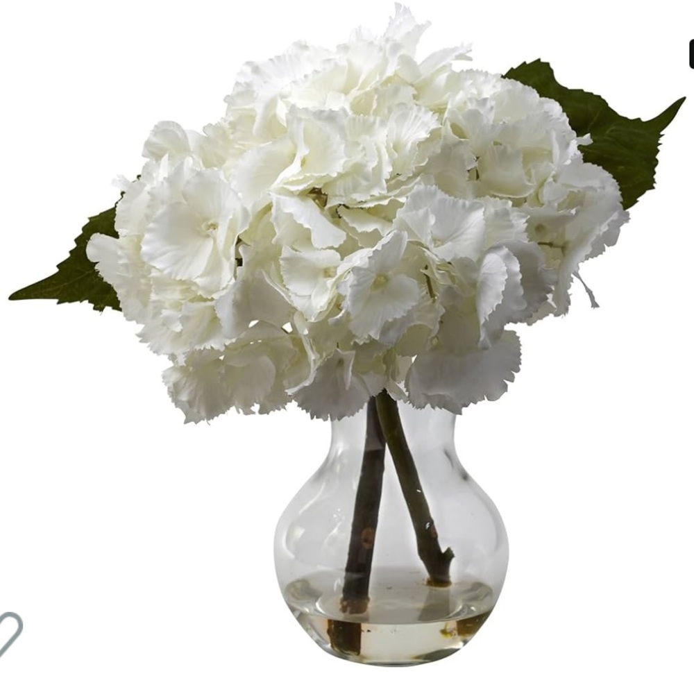 Nearly Naturals White Hydrangea Arrangement in Glass Vase